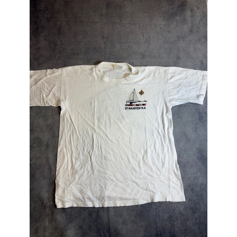 Vintage Caribbean Ts St Maarten NA Sailboat Graphic T-Shirt Mens Large White